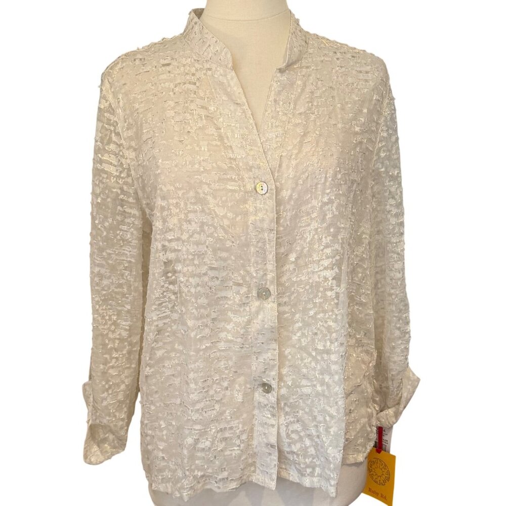 Blouse Ruby Rd Ivory Gold Metallic Sheer Burnout Button Up Eyelash Fairy 14